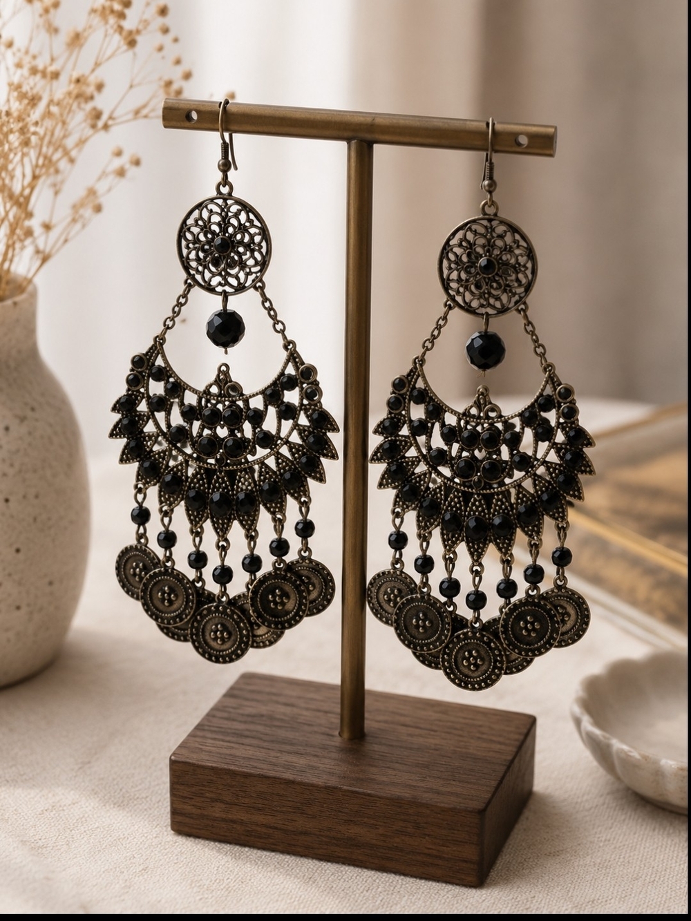 Bohemian Filigree Chandelier Earrings - Black and Antique Gold